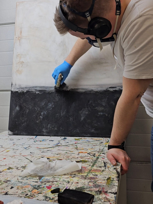 Henri Hagelberg working on original textured painting Scorched